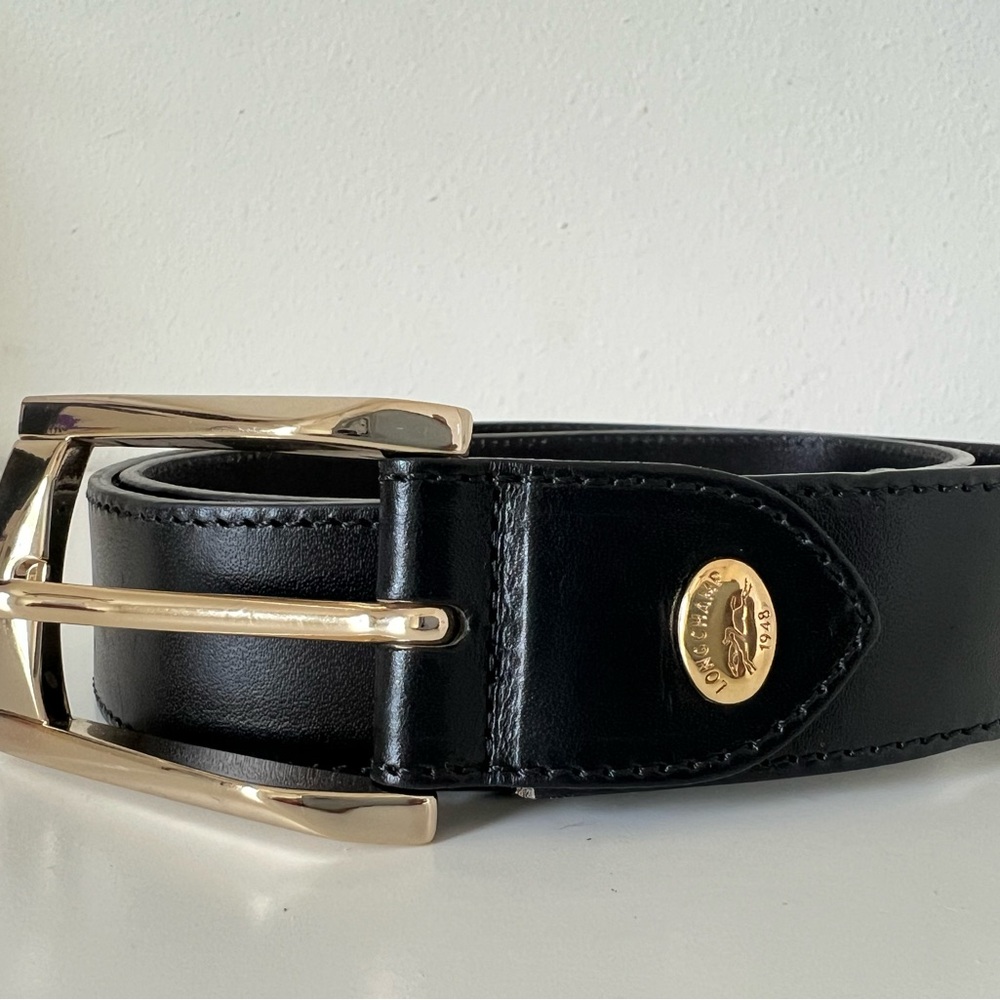 Longchamp Black Leather Belt Made in France – 38in Gold Buckle